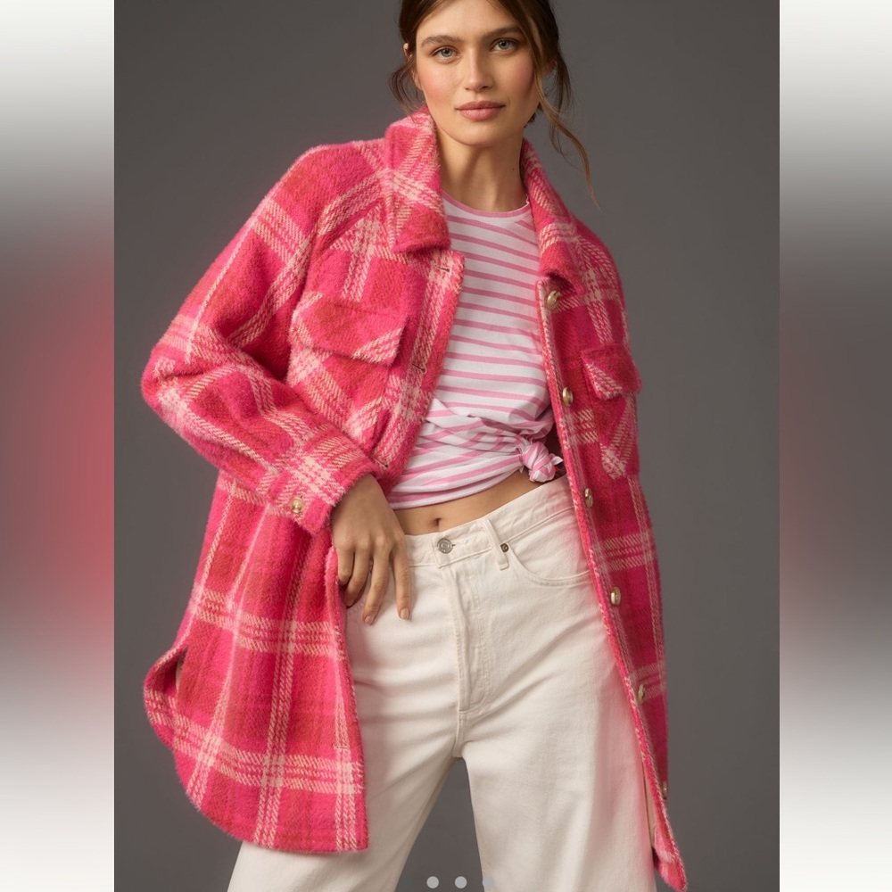 Anthropologie Greylin Gracey Oversized Pink Plaid Teddy Shacket